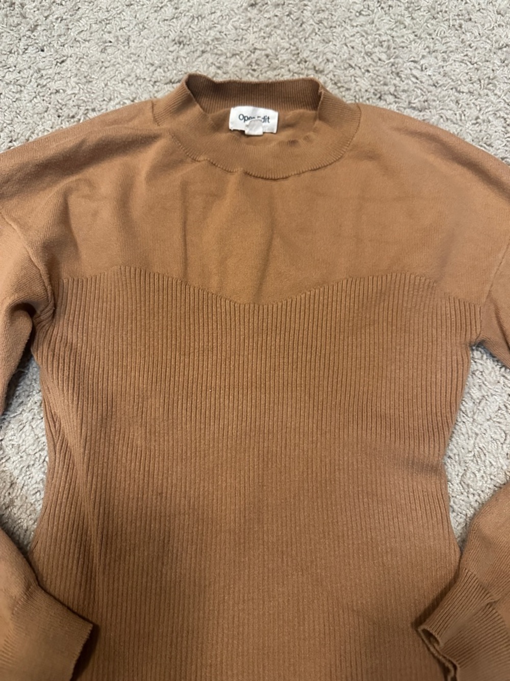 Open Edit Camel-Tone Ribbed Crewneck Sweater - Picture 3 of 5